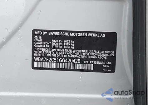 2016 BMW 750I xDrive из США, поврежденный, VIN WBA7F2C51GG420428